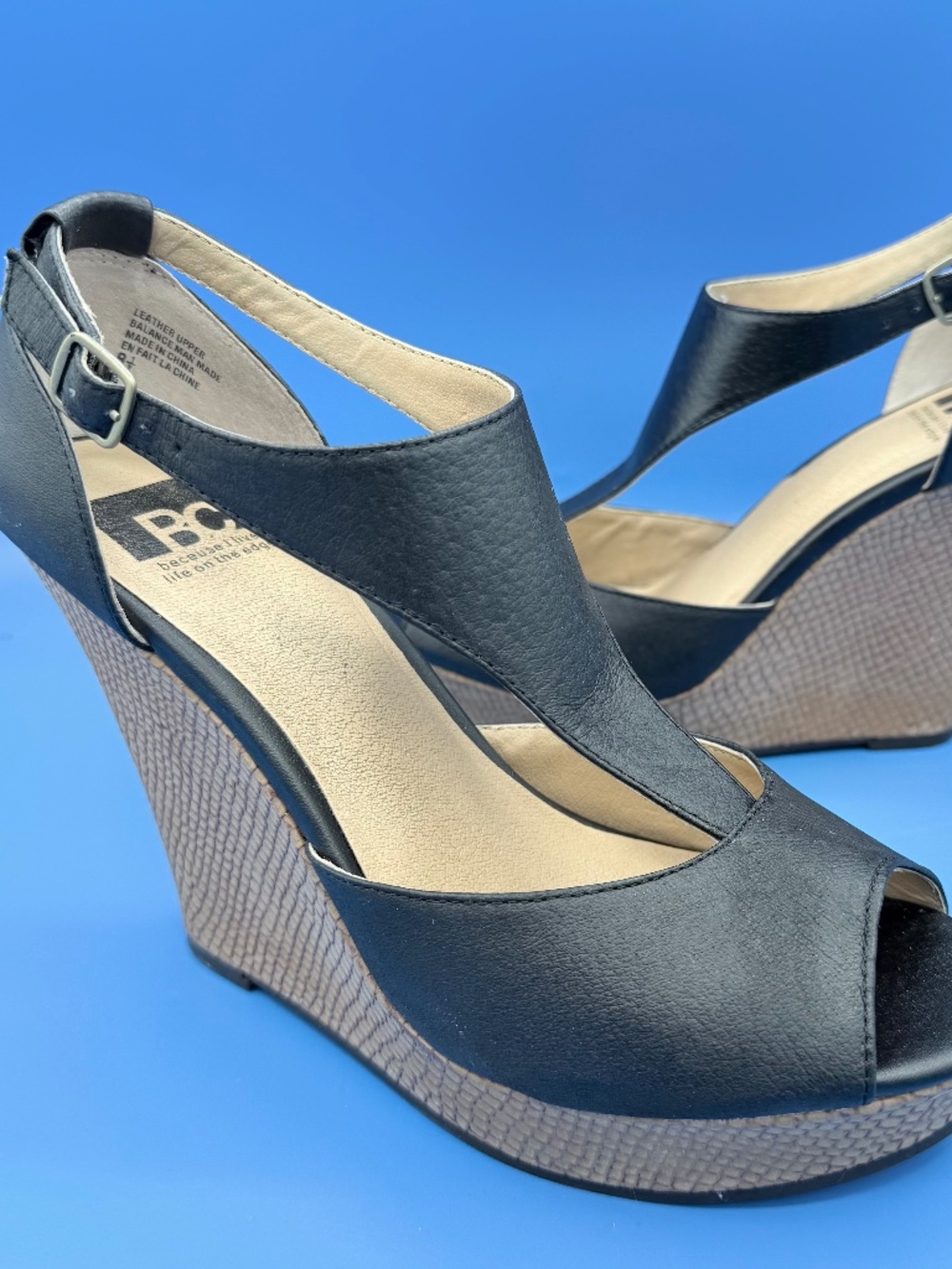 BC Footwear Black Leather T-Strap Wedge Sandals